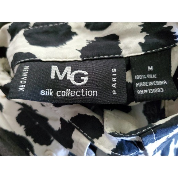 MG Silk Collection Leopard Print Shirt Dress Med Silk Black Ivory Button Down - Picture 9 of 9